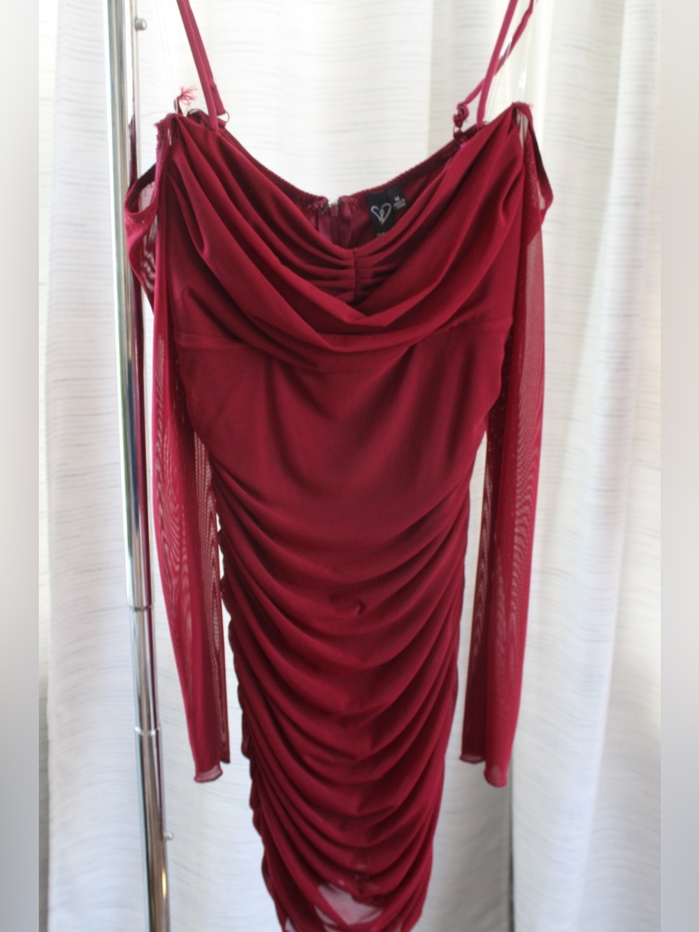 ✨ Windsor Burgundy Ruched Mesh Mini Dress | Off Shoulder Bodycon Party Dress M